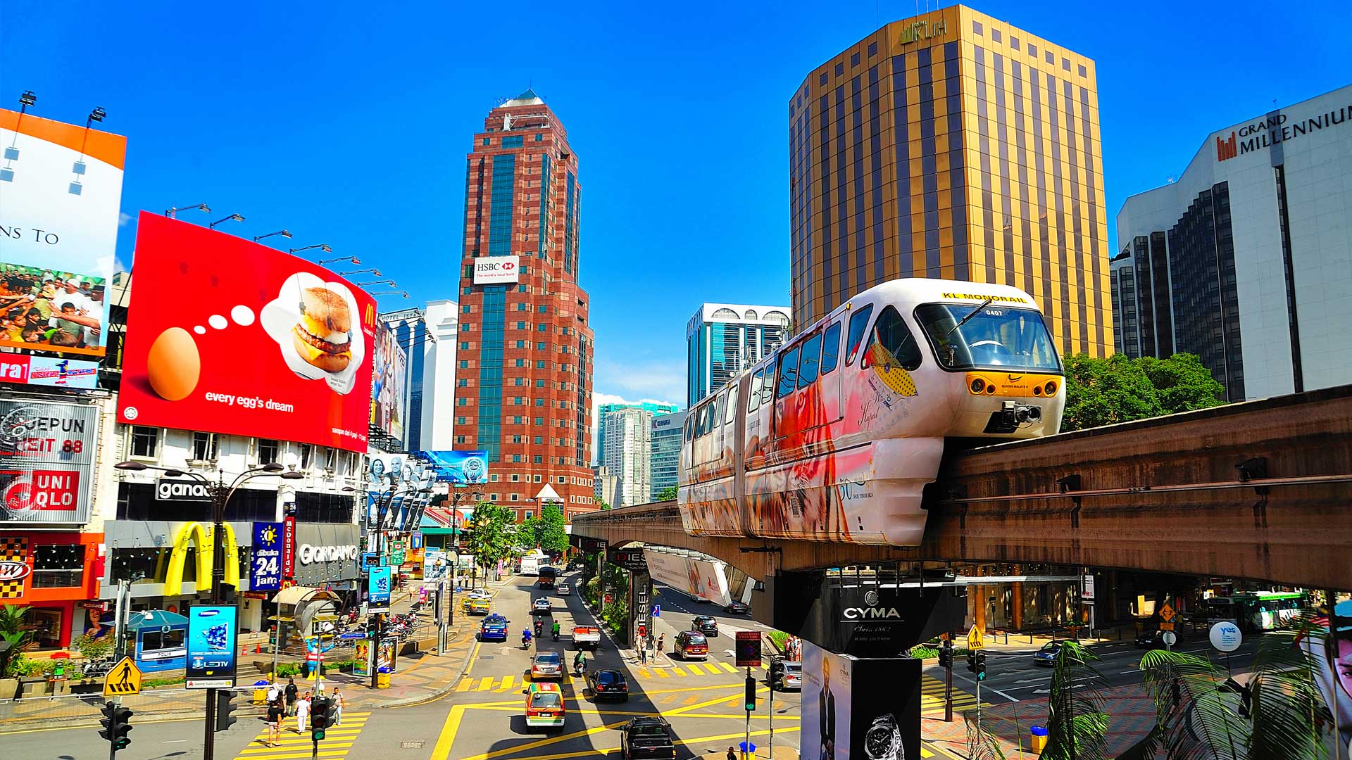 An image of the monorail in doentown Kuala Lumpur Malaysia