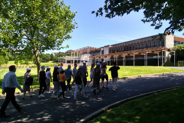 An image of a group of people walking towards a building