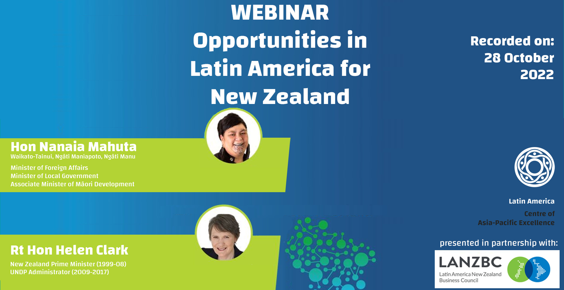 A banner image promoting the LatAm CAPE webinar with Minister Mahuta and Helen Clark