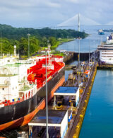An image of ships passing through the Panama Canal