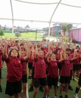 An image of six classes from Years 7 and 8 of Sylvia Park School participated in the Korean culture workshop doing a haka