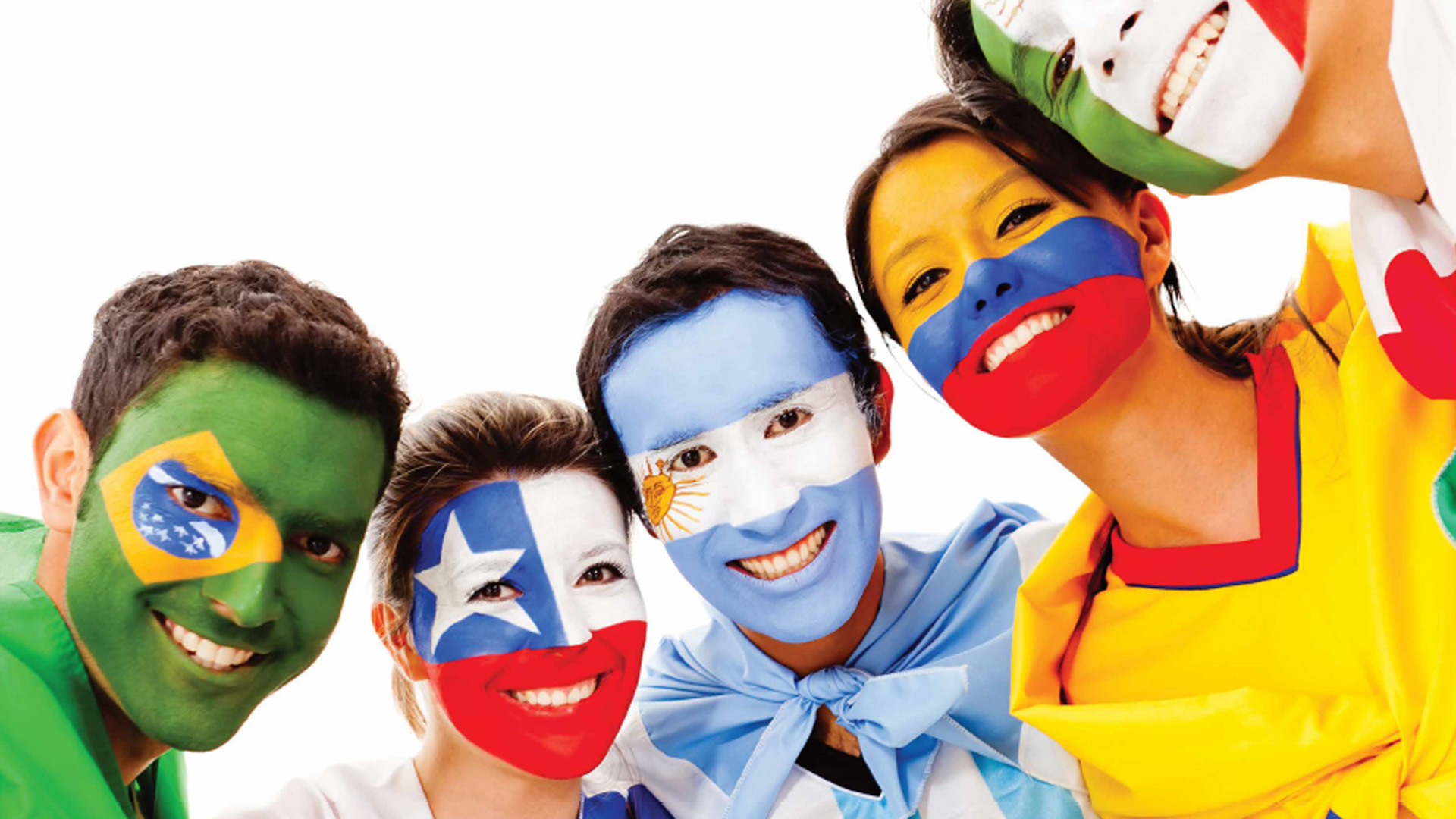 An image of five young people each wearing facepaint of the flags of different Latin American countries: Brazil, Chile, Argentina, Colombia, Mexico